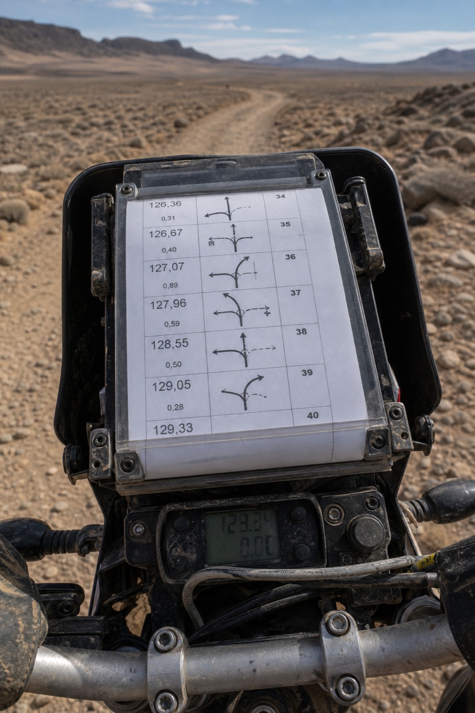 Papier-Roadbook am Motorradlenker